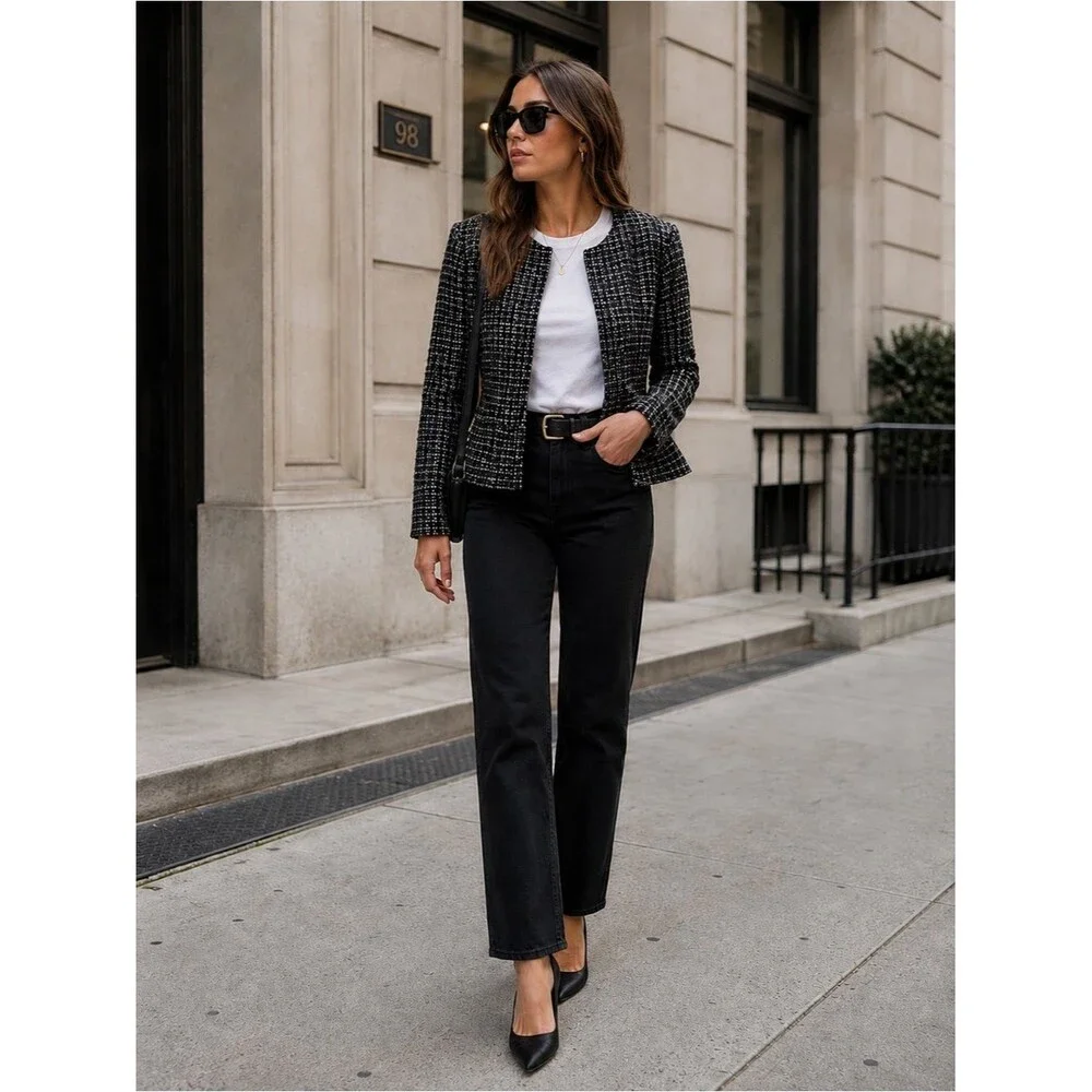 J.Crew Black & White Tweed Peplum Jacket Blazer Size 14 collarless